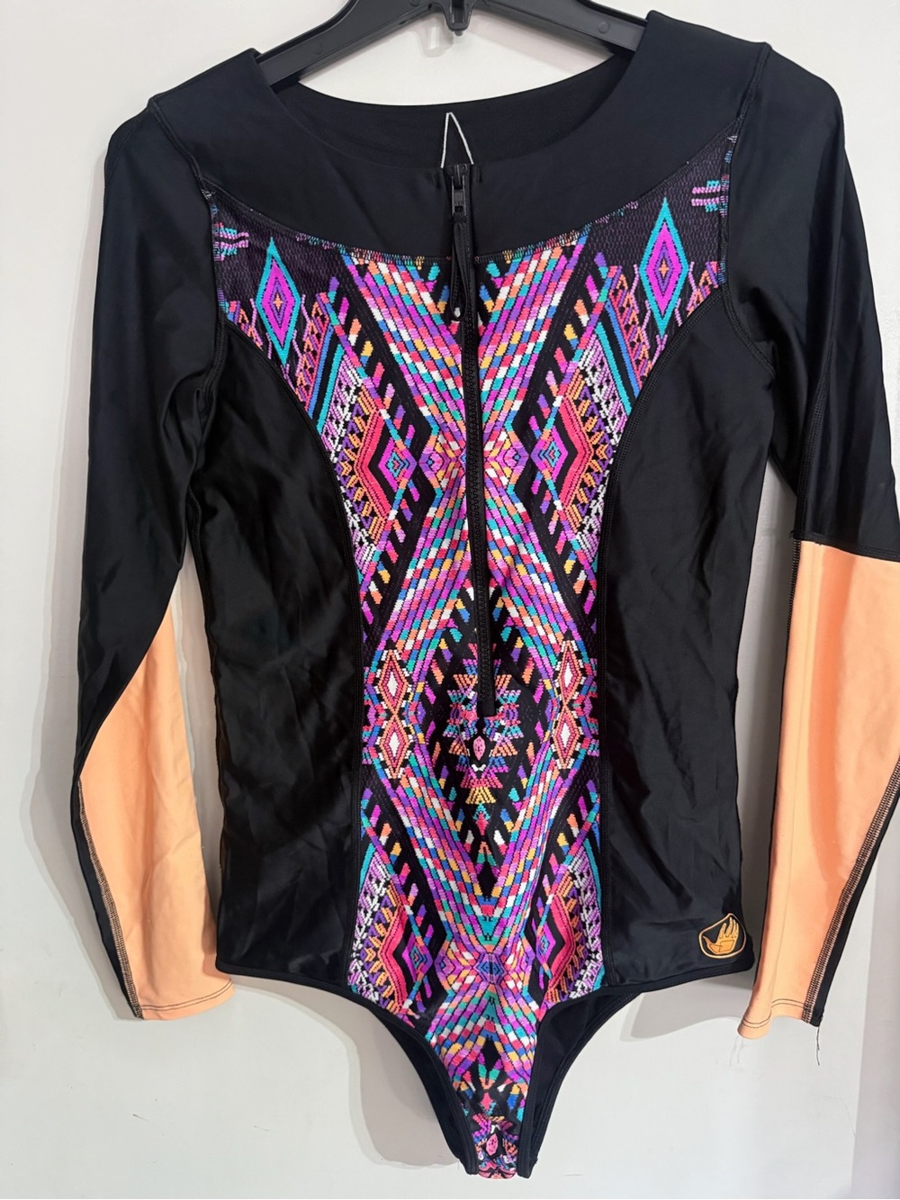 Body Glove Black One-Piece Swimsuit with Peach Sleeves & Multicolor Aztec Panel